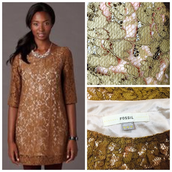 FOSSIL Brown Floral Lace Ruth Tunic Long Sleeve Dress XS Shift Classic Preppy - Picture 3 of 5